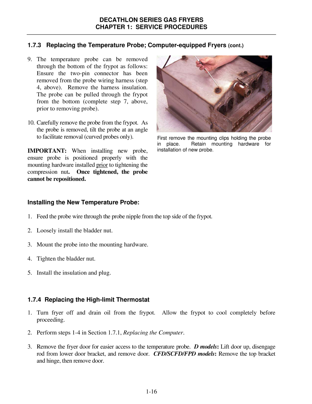 Frymaster SCFD, FPD manual Installing the New Temperature Probe, Replacing the High-limit Thermostat 