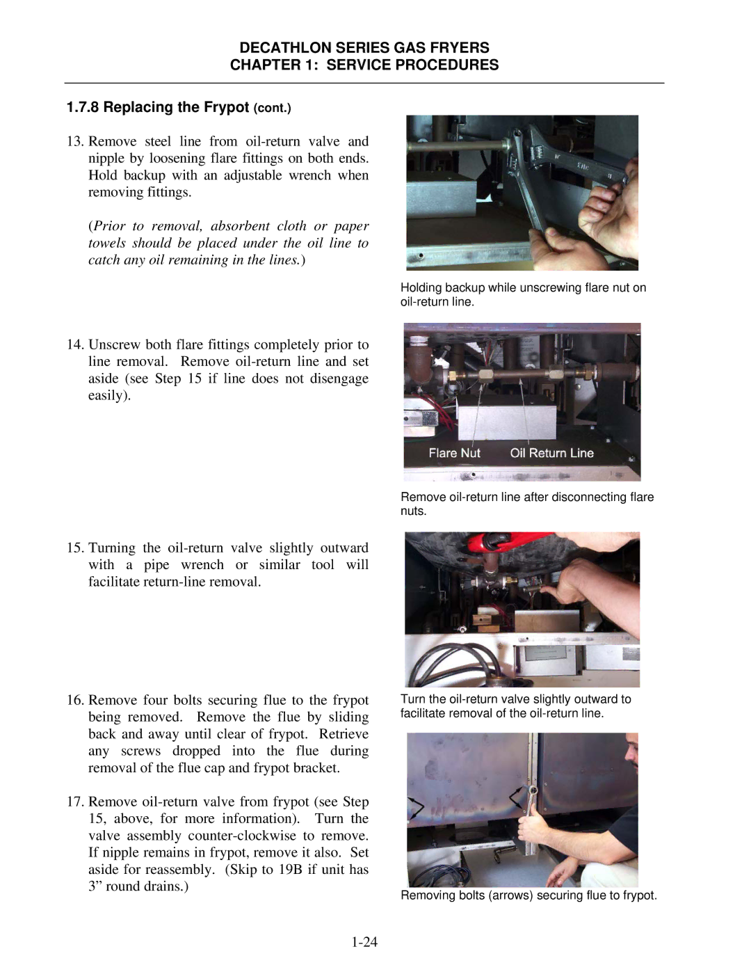 Frymaster SCFD, FPD manual Holding backup while unscrewing flare nut on oil-return line 