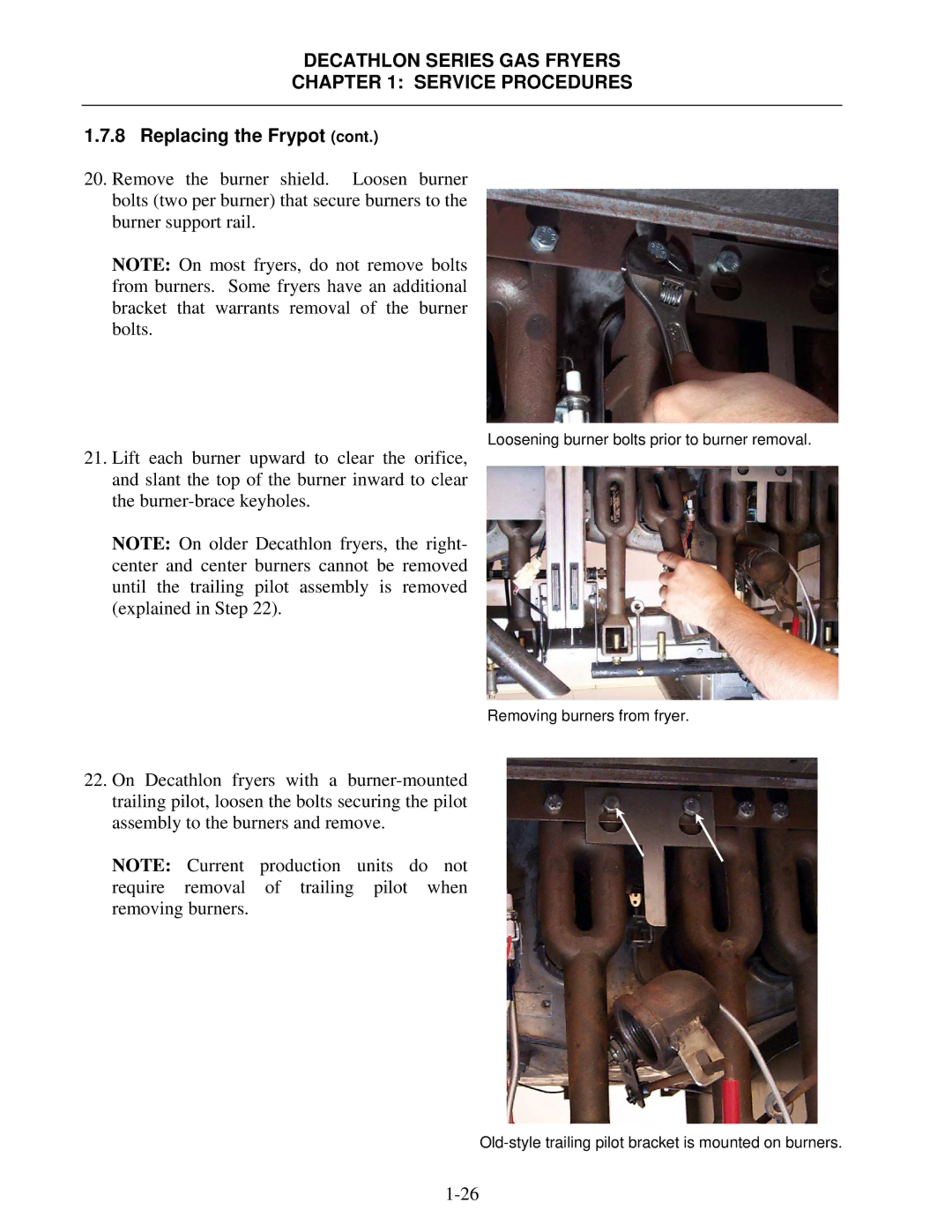 Frymaster FPD, SCFD manual Loosening burner bolts prior to burner removal 