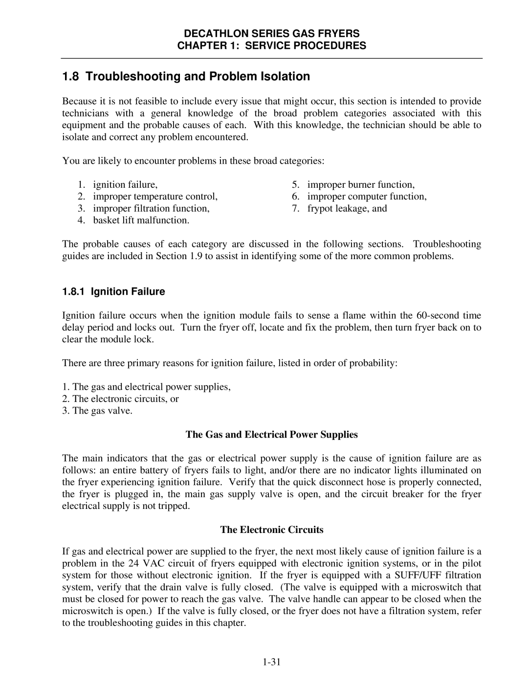 Frymaster FPD, SCFD manual Troubleshooting and Problem Isolation, Ignition Failure 