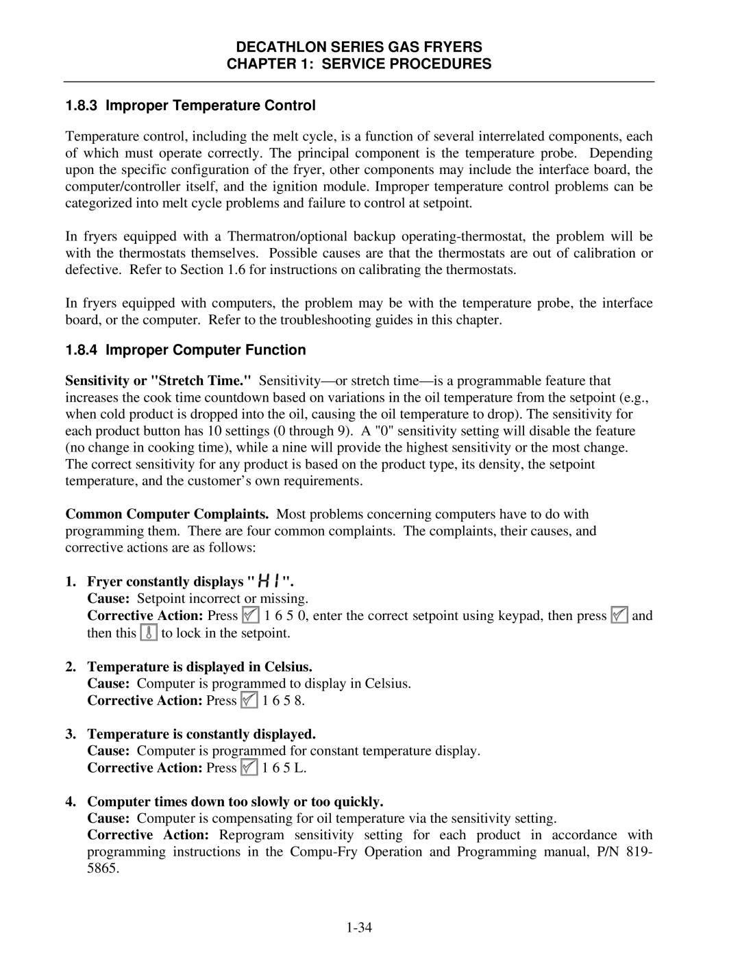 Frymaster FPD, SCFD manual Improper Temperature Control, Improper Computer Function 