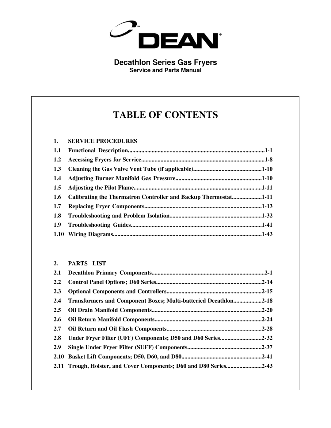 Frymaster FPD, SCFD manual Table of Contents 