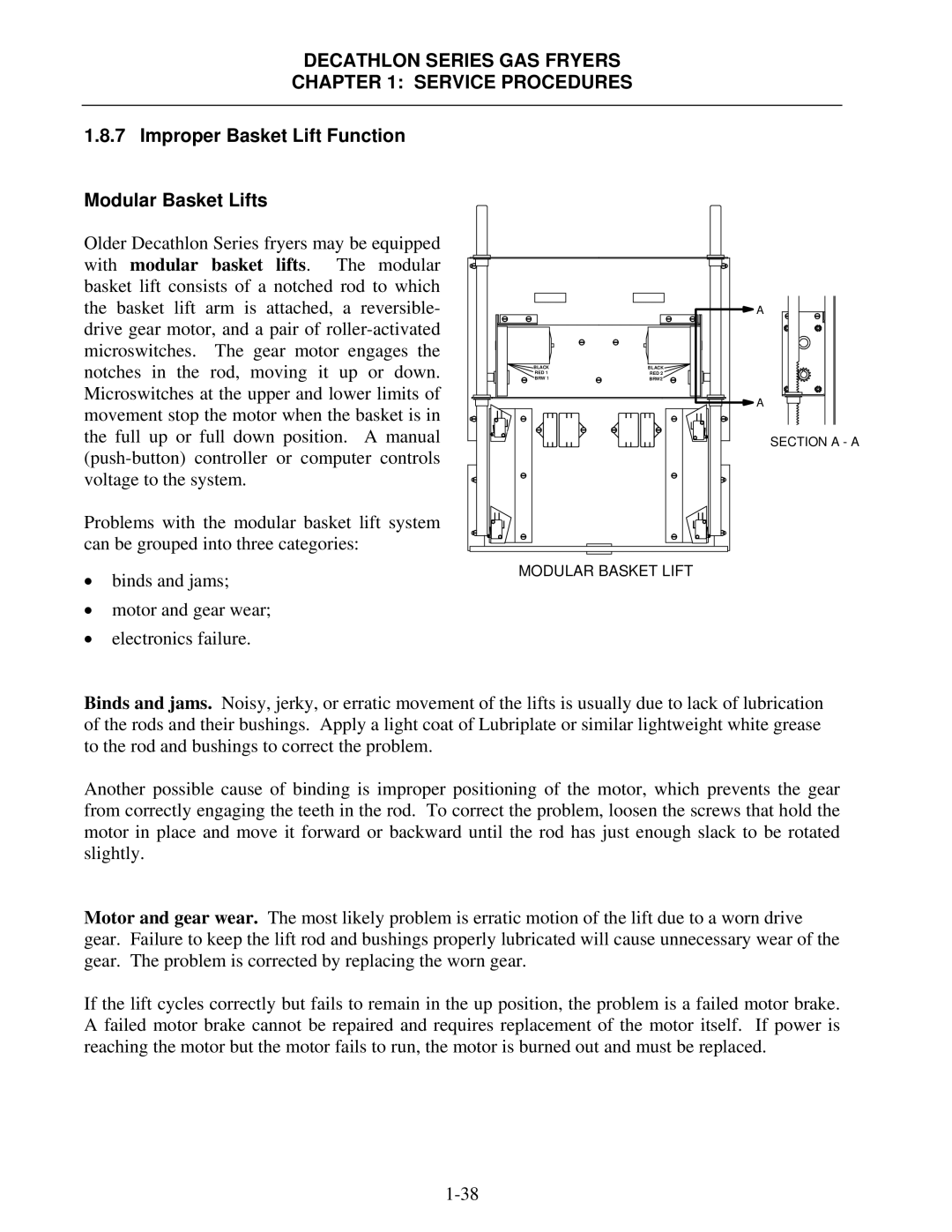 Frymaster FPD, SCFD manual Improper Basket Lift Function Modular Basket Lifts 