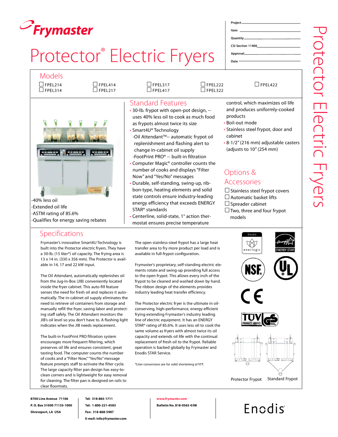 Frymaster FPEL217 specifications Protector Electric Fryers, Standard Features, Options Accessories, Specifications 