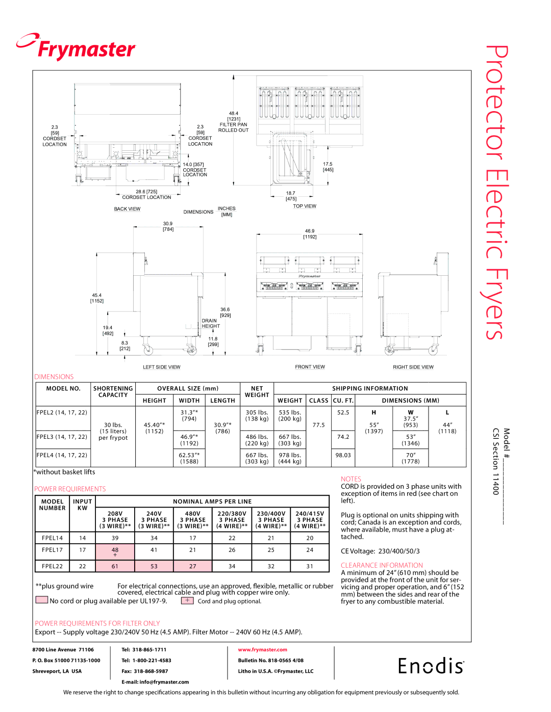 Frymaster FPEL417, FPEL222, FPEL217 Fryers, Model #, 11400, Power Requirements for Filter only, Clearance Information 