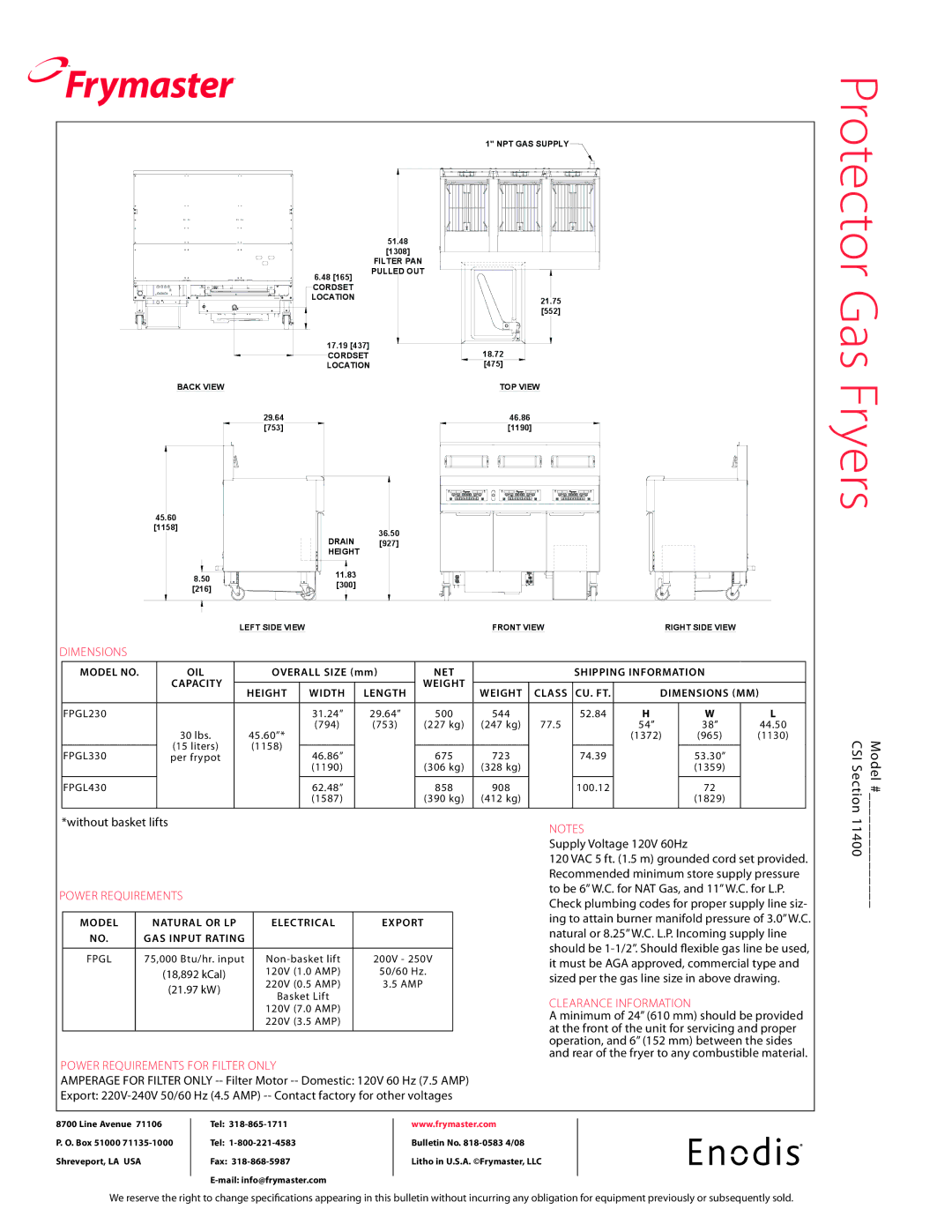 Frymaster FPGL330, FPGL230, FPGL430 CSI Section Model #, Dimensions, Power requirements, Power Requirements for Filter only 