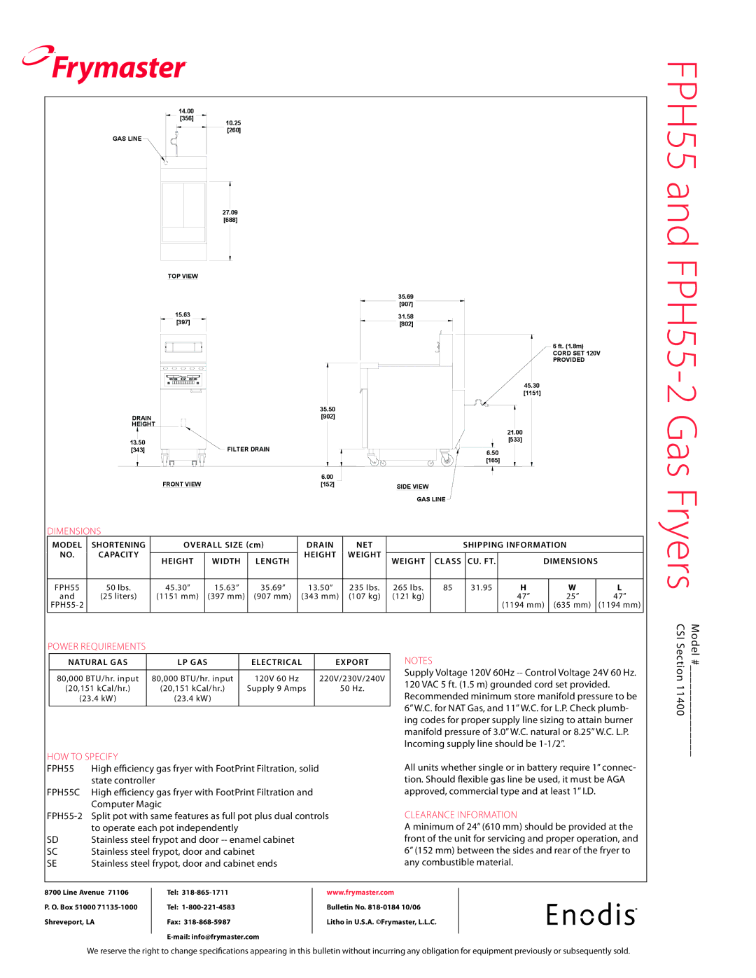 Frymaster FPH55-2 specifications Fryers, Dimensions, Power requirements, How to specify 