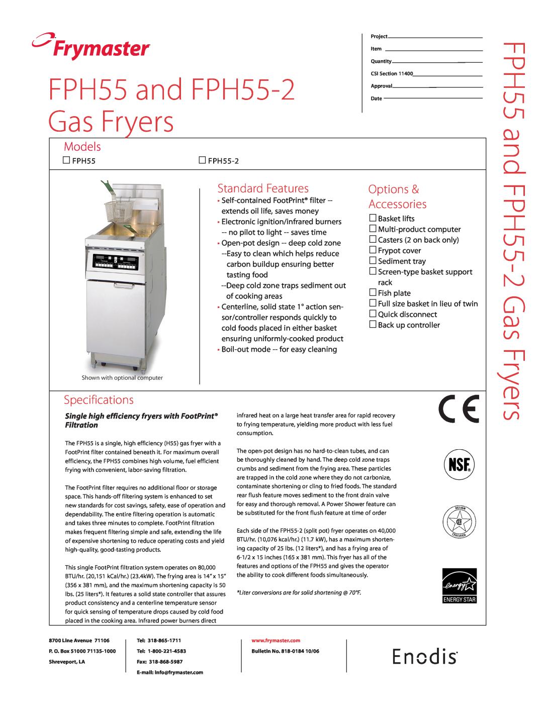 Frymaster specifications Frymaster, FPH55 and FPH55-2 Gas Fryers, Models, Standard Features, Options, Accessories 
