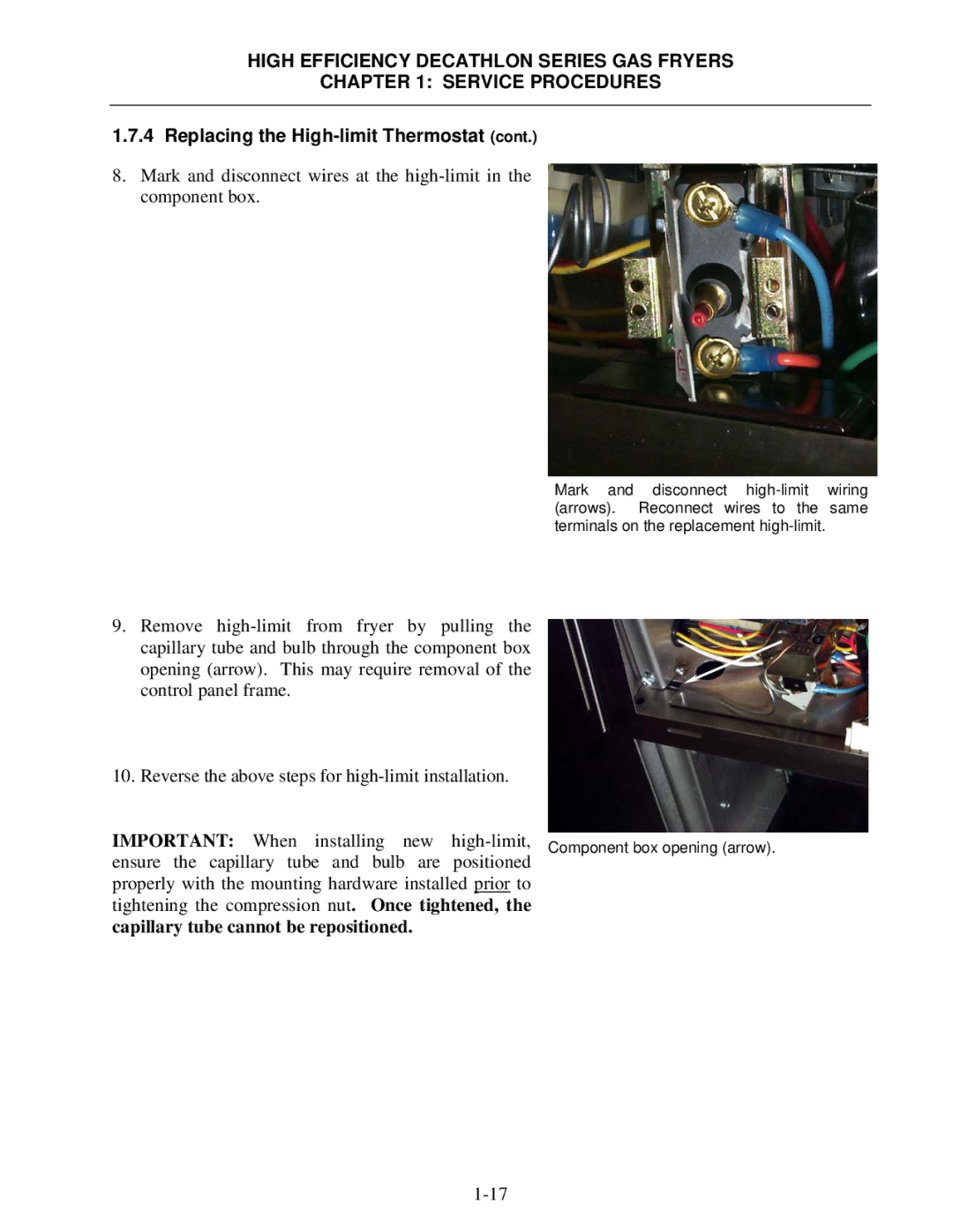 Frymaster FPHD manual Capillary tube cannot be repositioned 