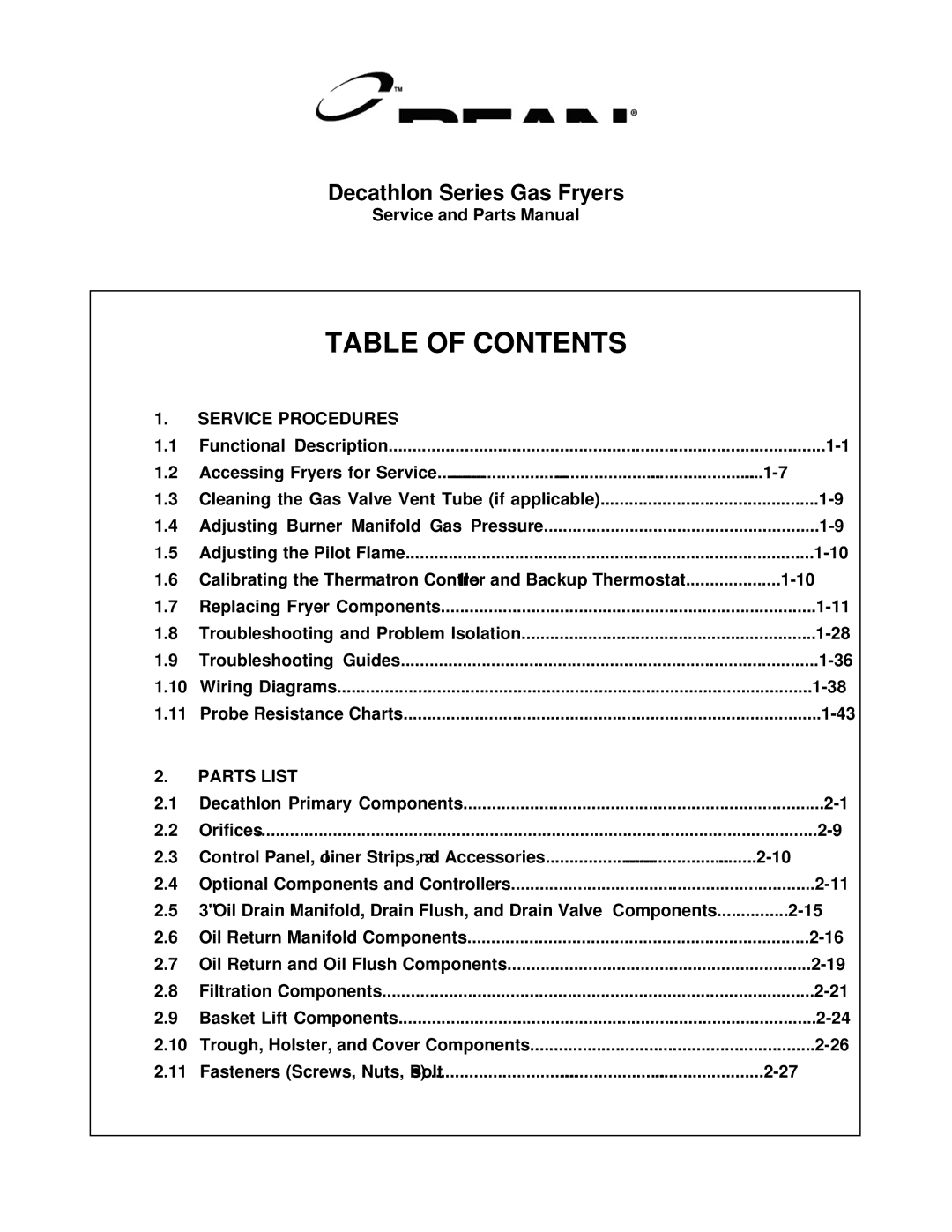 Frymaster FPHD manual Table of Contents 