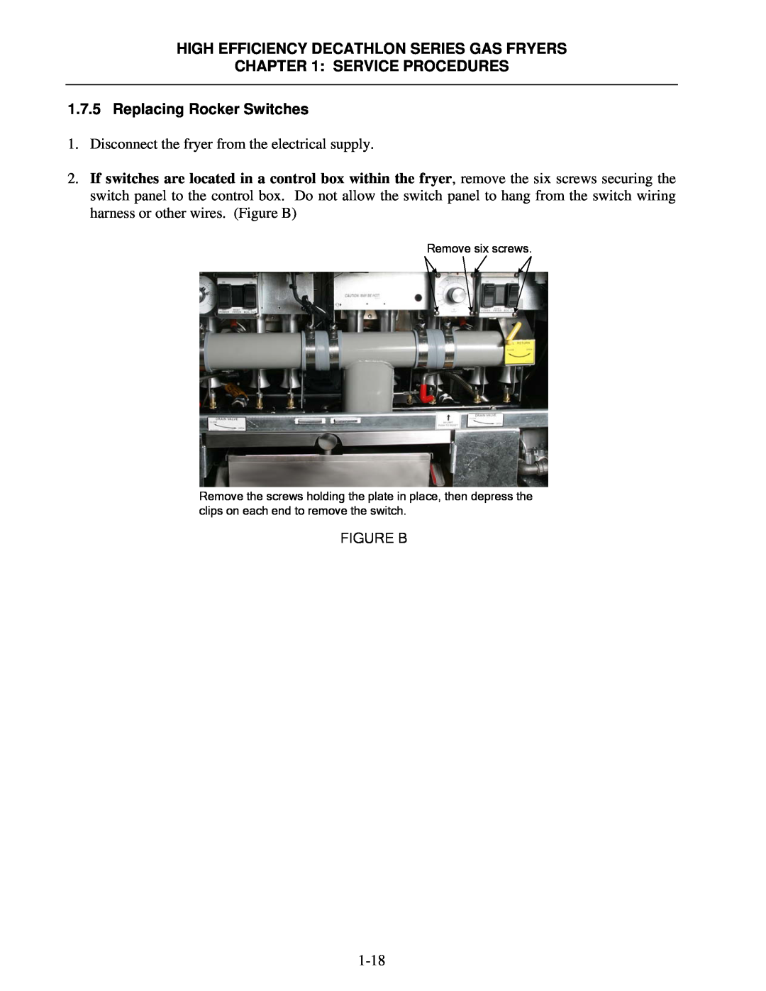 Frymaster FPHD manual Replacing Rocker Switches, High Efficiency Decathlon Series Gas Fryers, Service Procedures, 1-18 