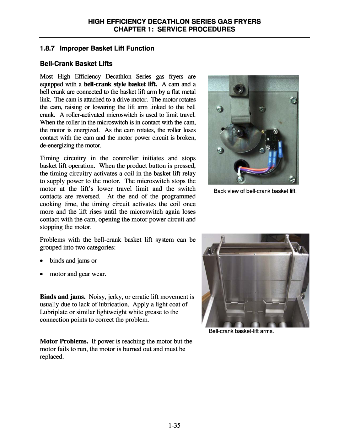 Frymaster FPHD manual Improper Basket Lift Function, Bell-CrankBasket Lifts, High Efficiency Decathlon Series Gas Fryers 