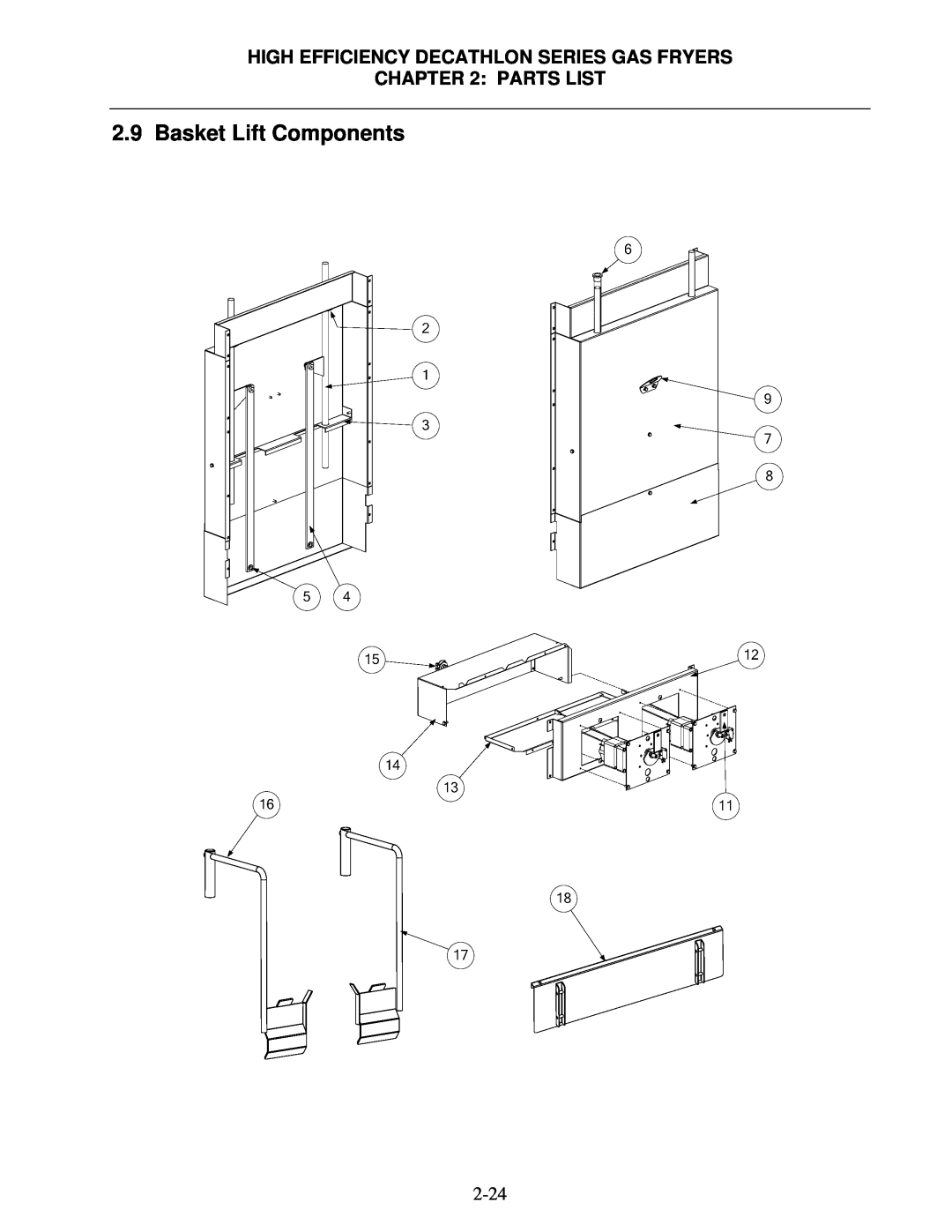 Frymaster FPHD manual Basket Lift Components, High Efficiency Decathlon Series Gas Fryers, Parts List 