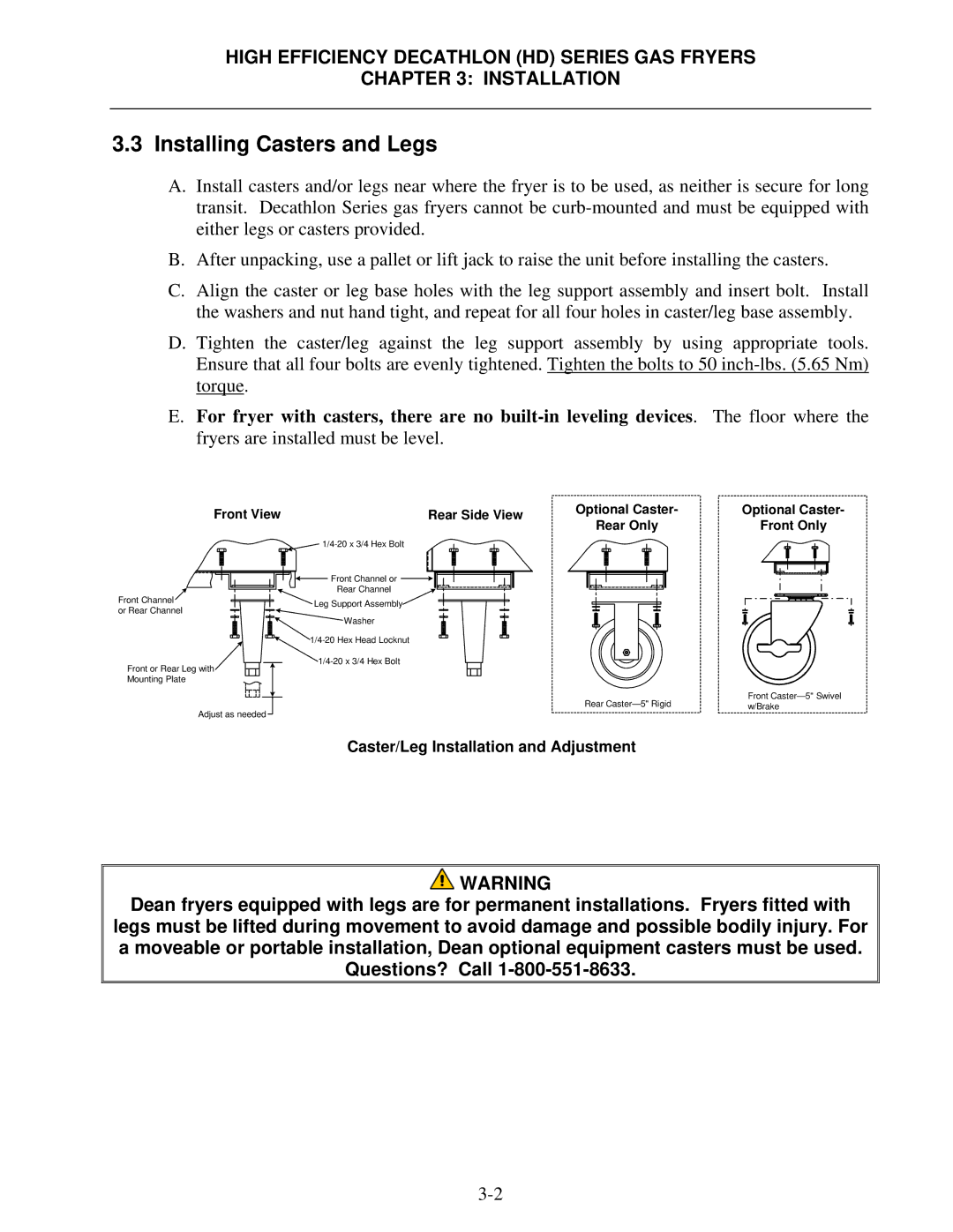 Frymaster FPHD65 operation manual Installing Casters and Legs, Rear Only Front Only 