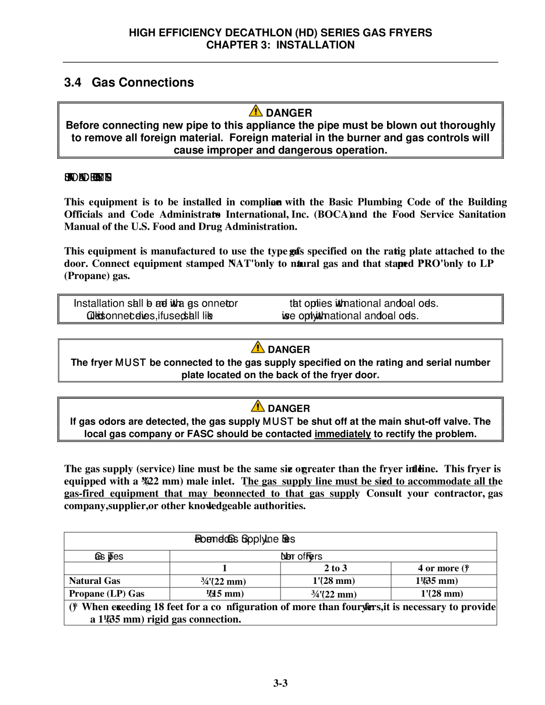 Frymaster FPHD65 operation manual Gas Connections, National Code Requirements 