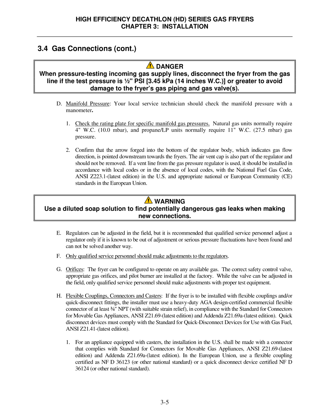 Frymaster FPHD65 operation manual Gas Connections 