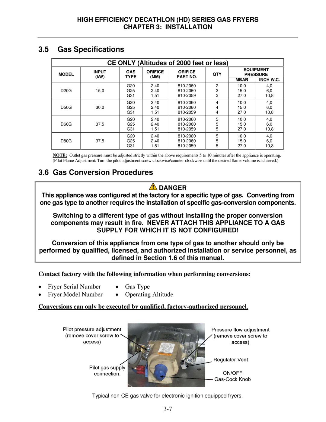 Frymaster FPHD65 operation manual Gas Conversion Procedures, CE only Altitudes of 2000 feet or less 