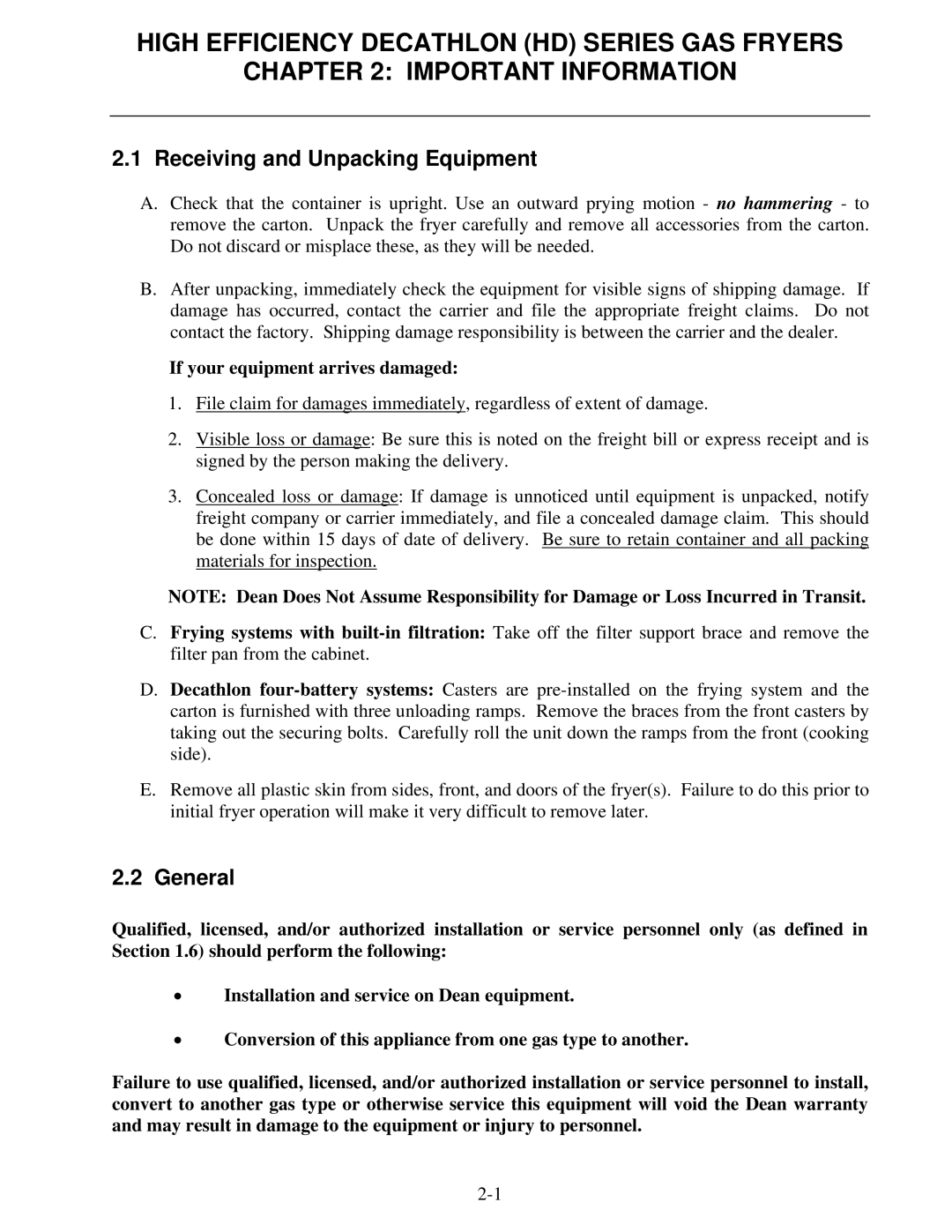 Frymaster FPHD65 operation manual Receiving and Unpacking Equipment, General 