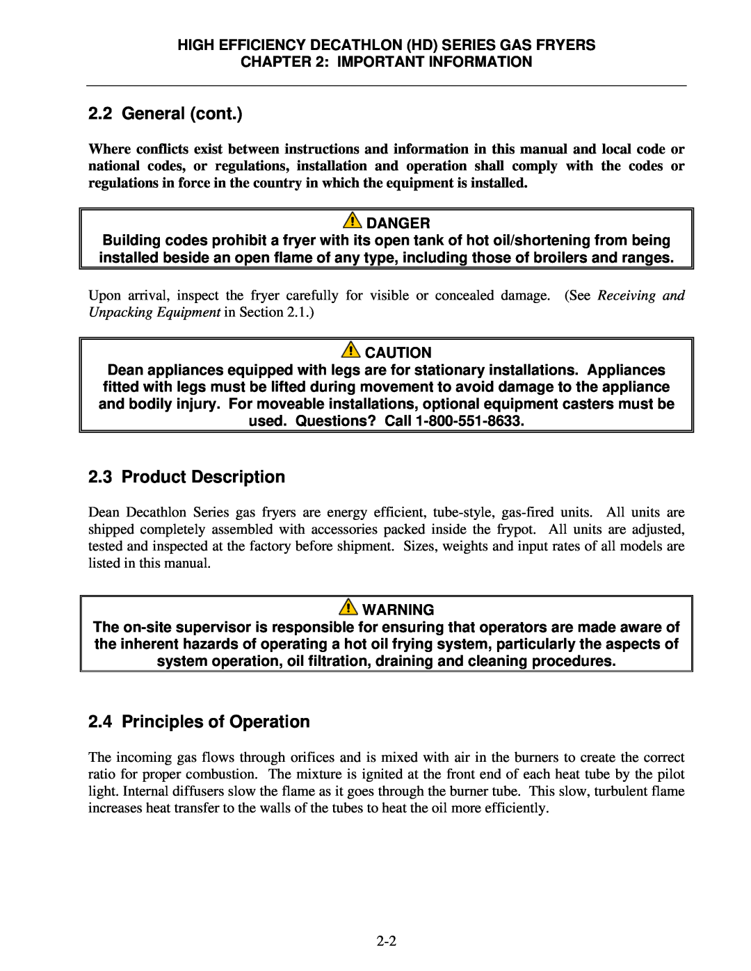 Frymaster FPHD65 operation manual General cont, Product Description, Principles of Operation, Important Information, Danger 