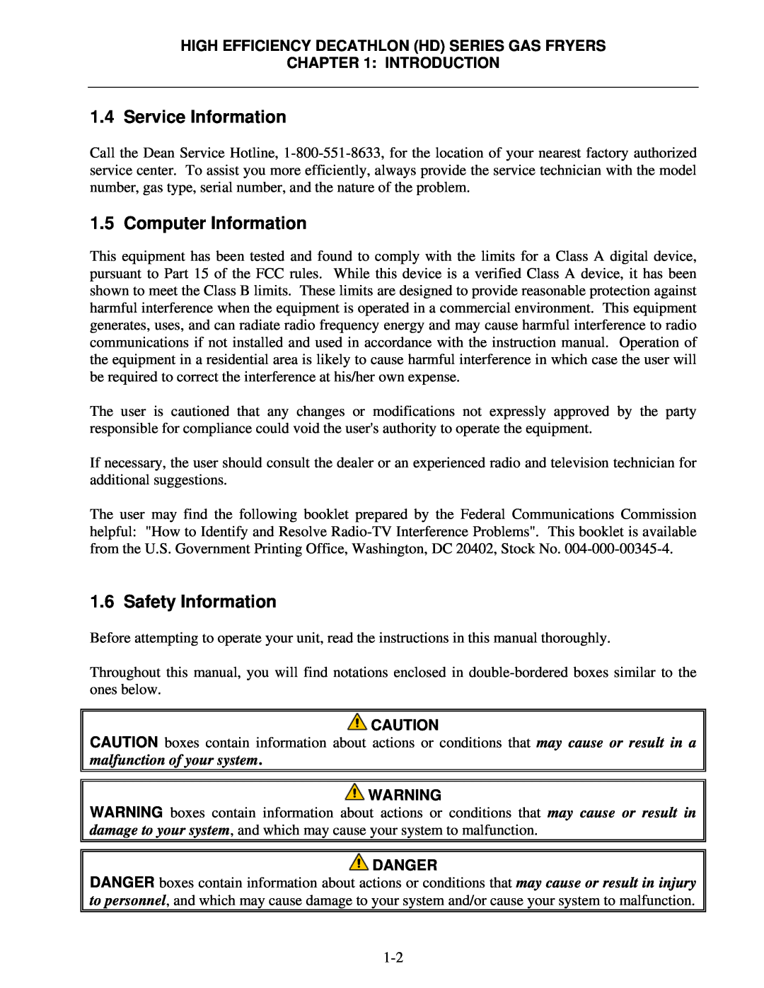 Frymaster FPHD65 operation manual Service Information, Computer Information, Safety Information, Introduction, Danger 