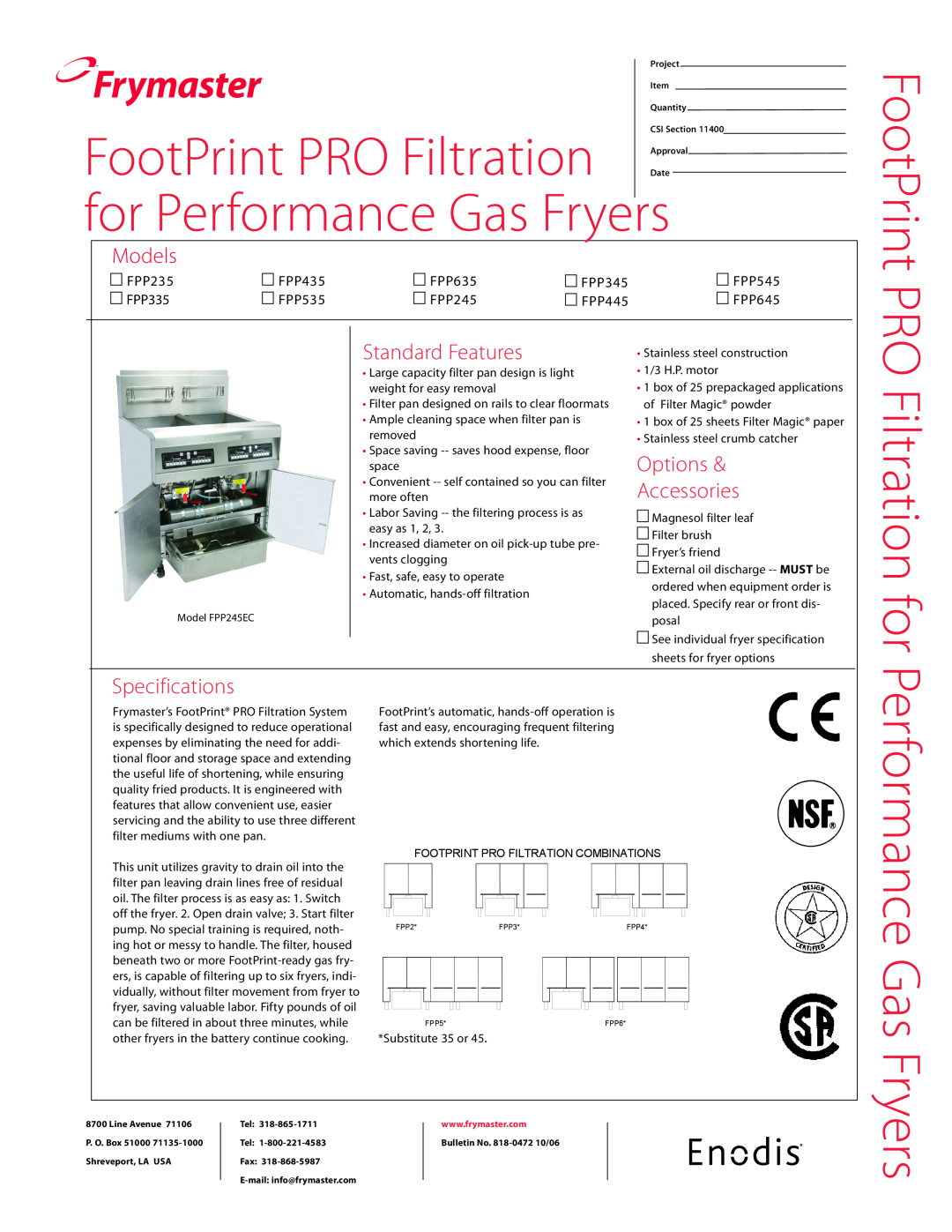 Frymaster FPP645 specifications for Performance Gas Fryers, FootPrint PRO Filtration, Frymaster, Models, Standard Features 