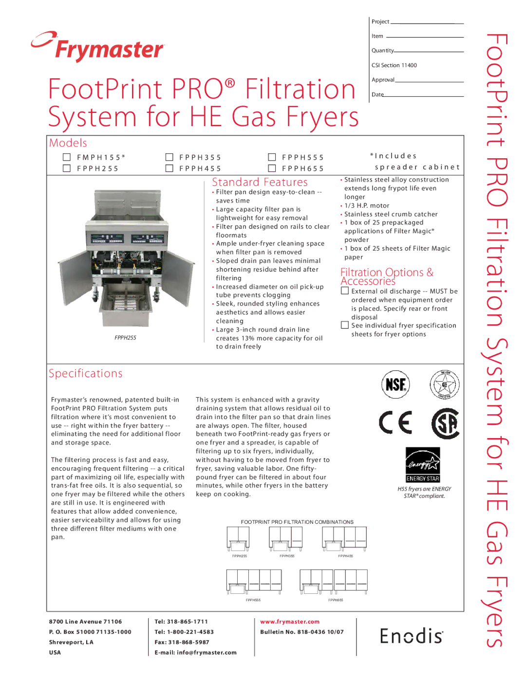 Frymaster FPPH255, FPPH355, FPPH655, FPPH455, FPPH555 specifications Models, Standard Features, Specifications, H.P. motor 