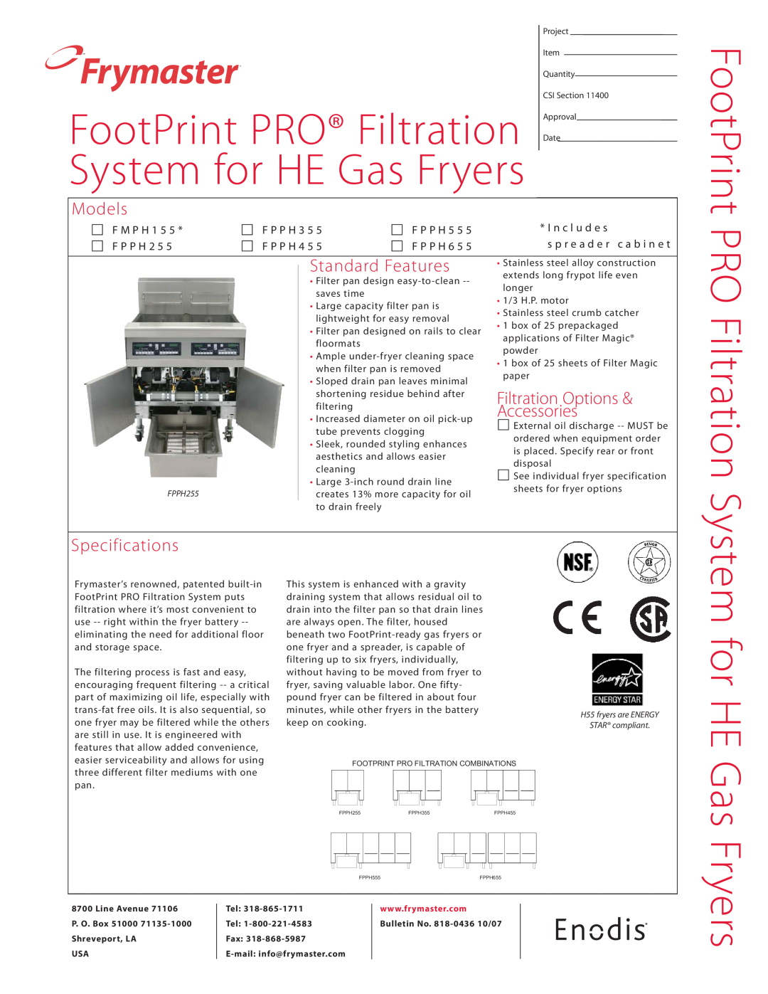 Frymaster FPPH255 specifications Frymaster, Filter pan design easy-to-clean -- saves time, 1/3 H.P. motor, FootPrint 