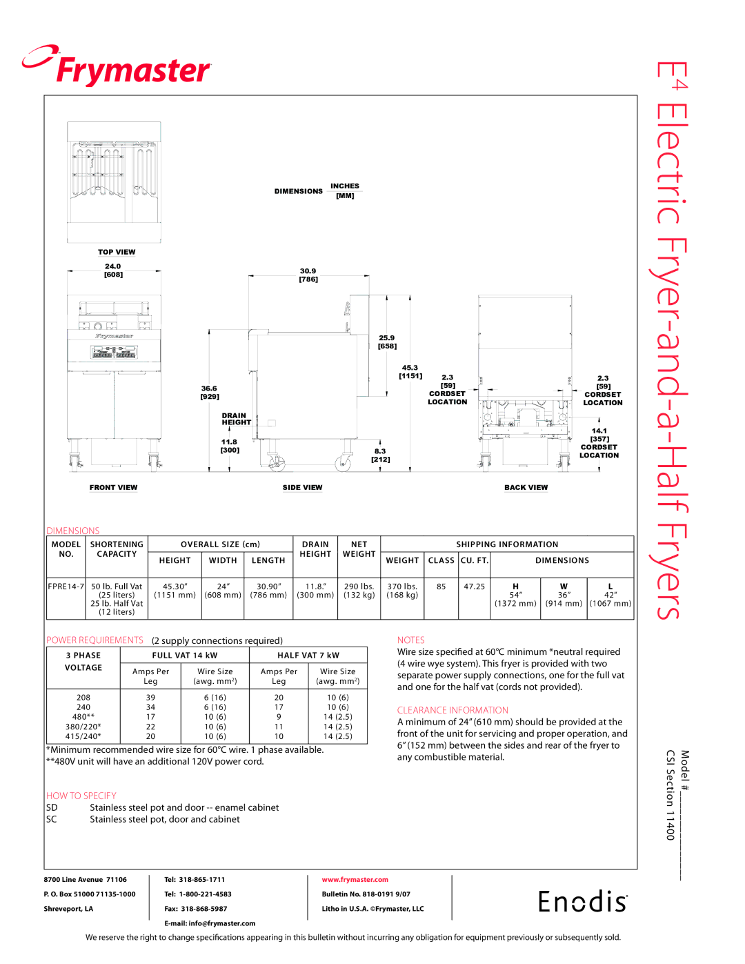 Frymaster FPRE14-7 specifications Dimensions, Power requirements 2 supply connections required, How to specify, Model # 