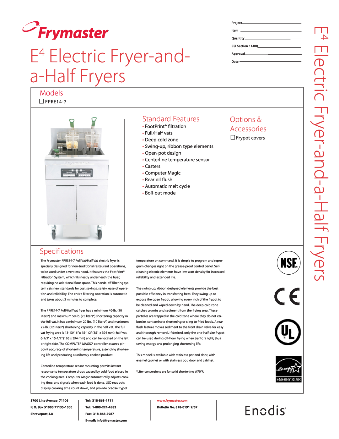 Frymaster FPRE14-7 specifications Frymaster, Fryer-and-a-Half Fryers, E4 Electric Fryer-and- a-Half Fryers, Models 