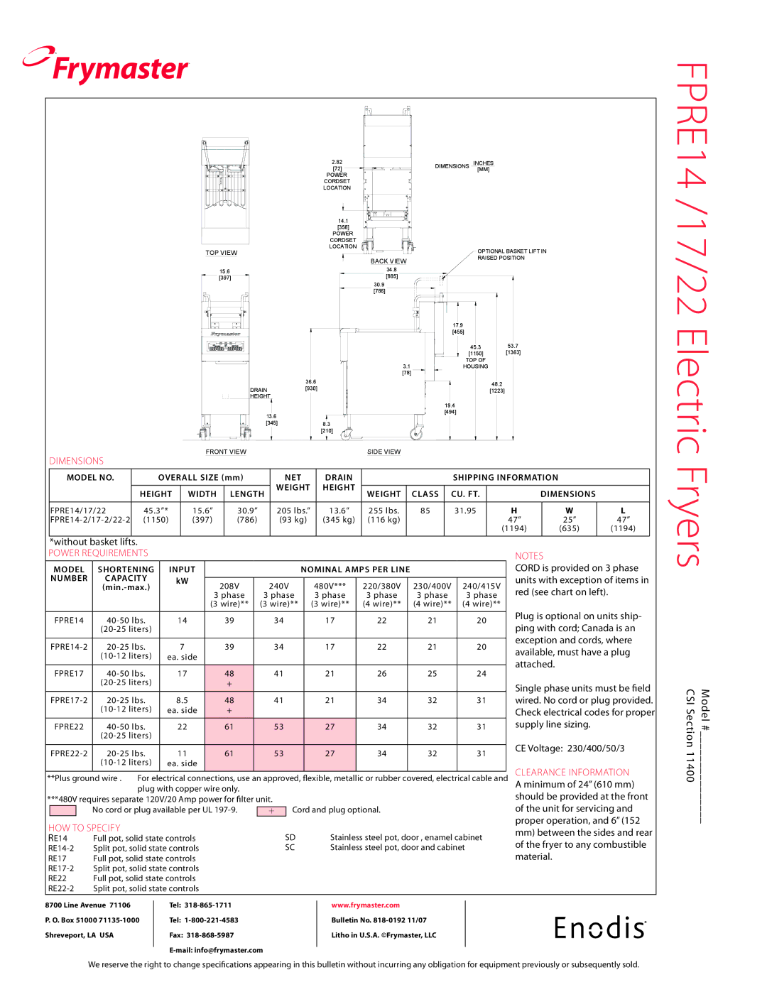 Frymaster FPRE17, FPRE22 Cord is provided on 3 phase, Units with exception of items, Exception and cords, where, Attached 