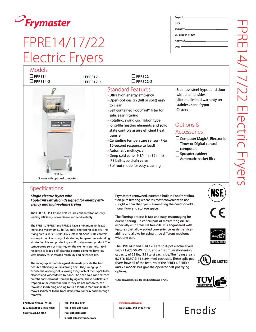 Frymaster FPRE22, FPRE17 specifications Frymaster, FPRE14/17/22 Electric Fryers, Models, Standard Features, Options 