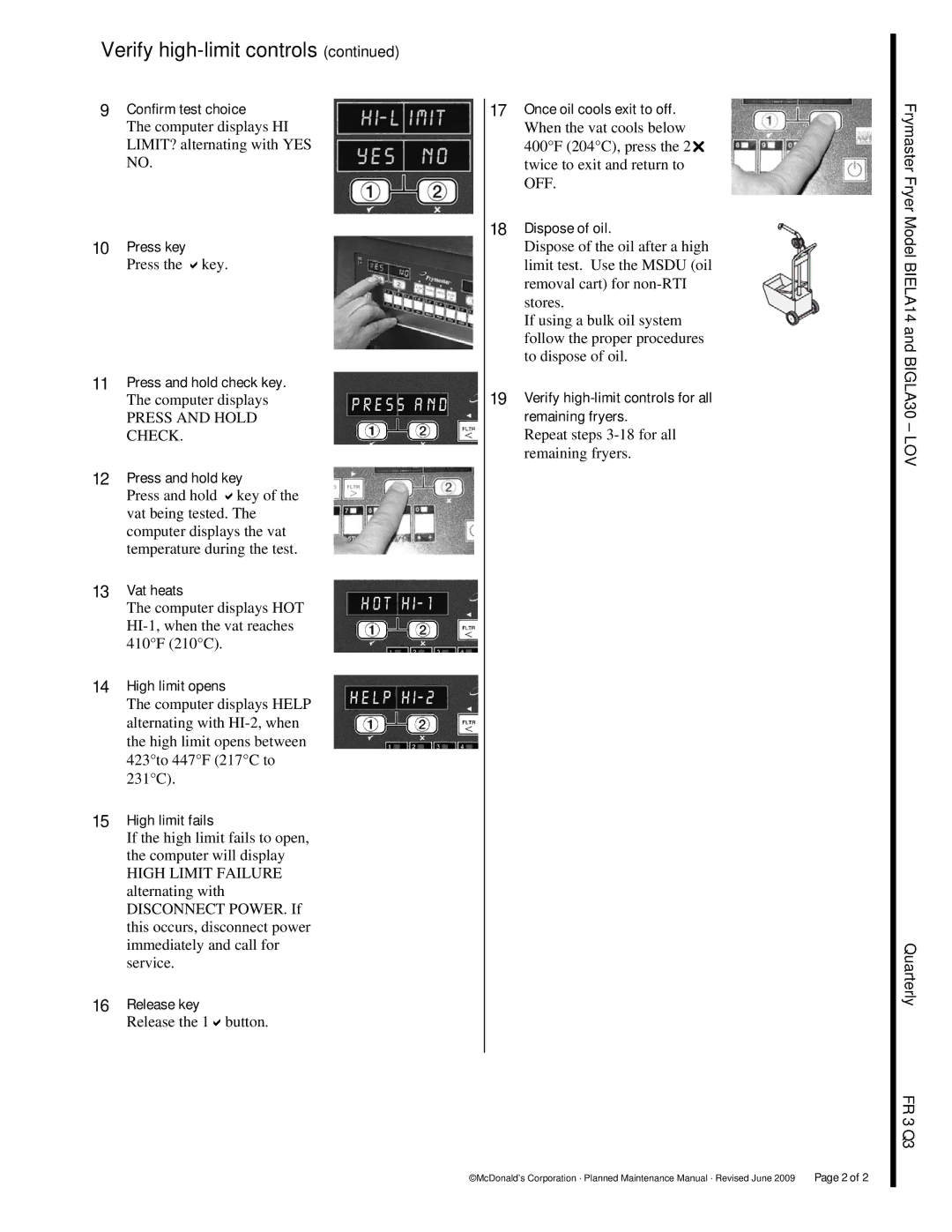 Frymaster FR 3 manual Verify high-limit controls 