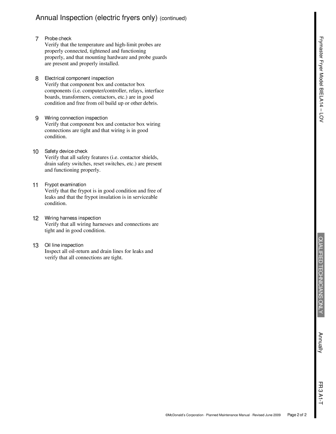 Frymaster FR 3 manual Annual Inspection electric fryers only 