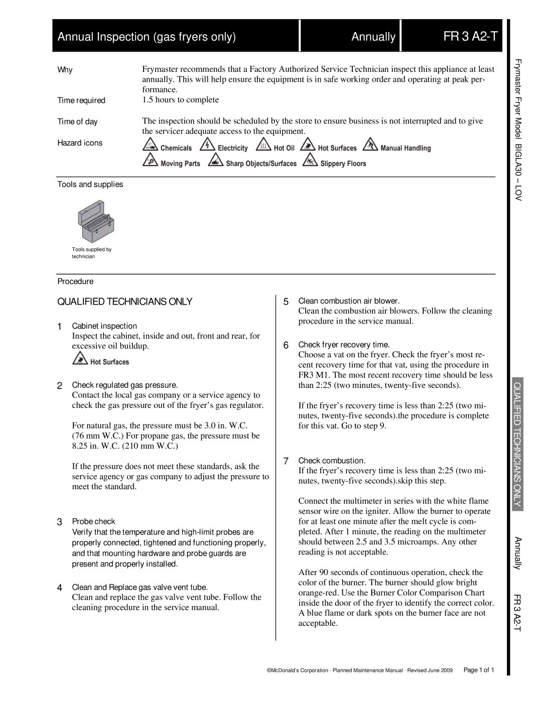 Frymaster manual FR 3 A2-T, Check regulated gas pressure, Check combustion 