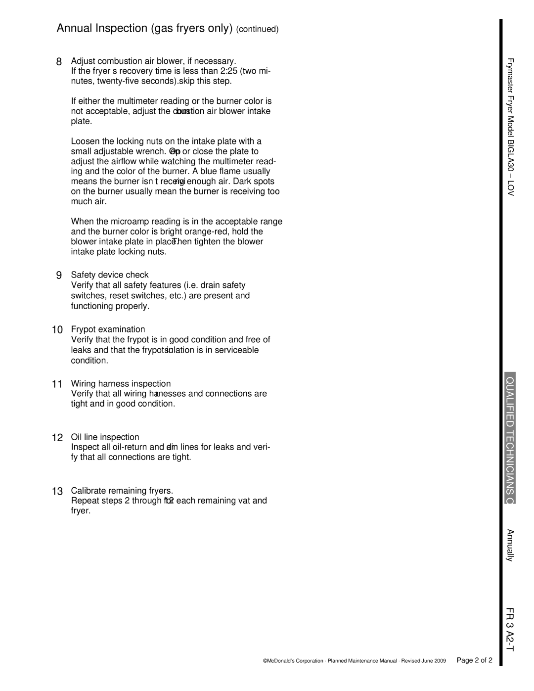Frymaster FR 3 manual Annual Inspection gas fryers only, Adjust combustion air blower, if necessary 