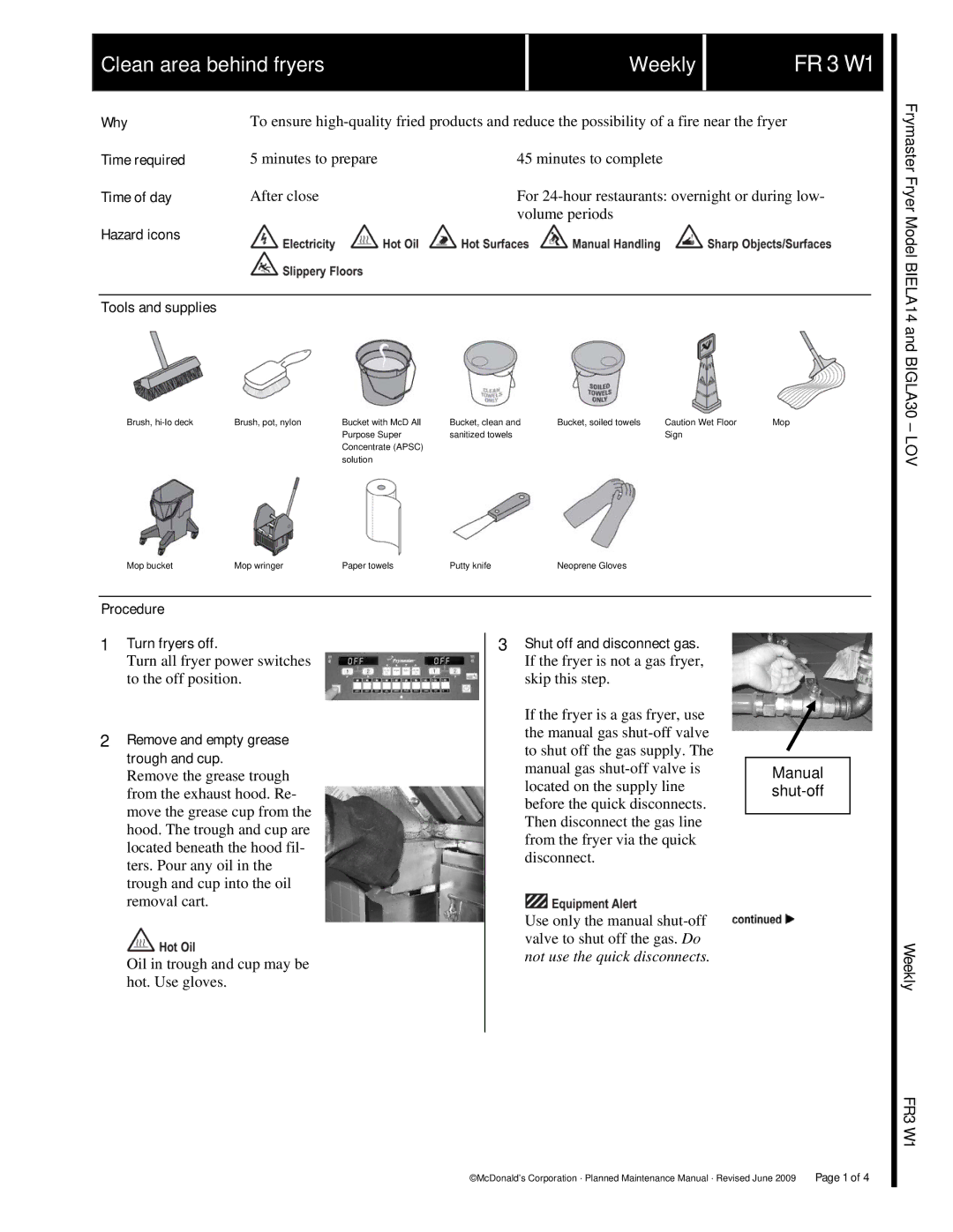 Frymaster manual FR 3 W1, Remove and empty grease trough and cup, Shut off and disconnect gas 