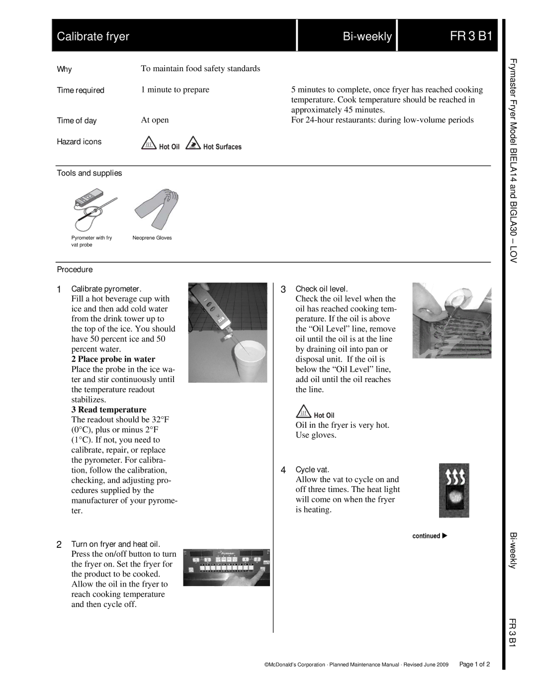 Frymaster manual FR 3 B1, Procedure Calibrate pyrometer, Turn on fryer and heat oil, Check oil level, Cycle vat 