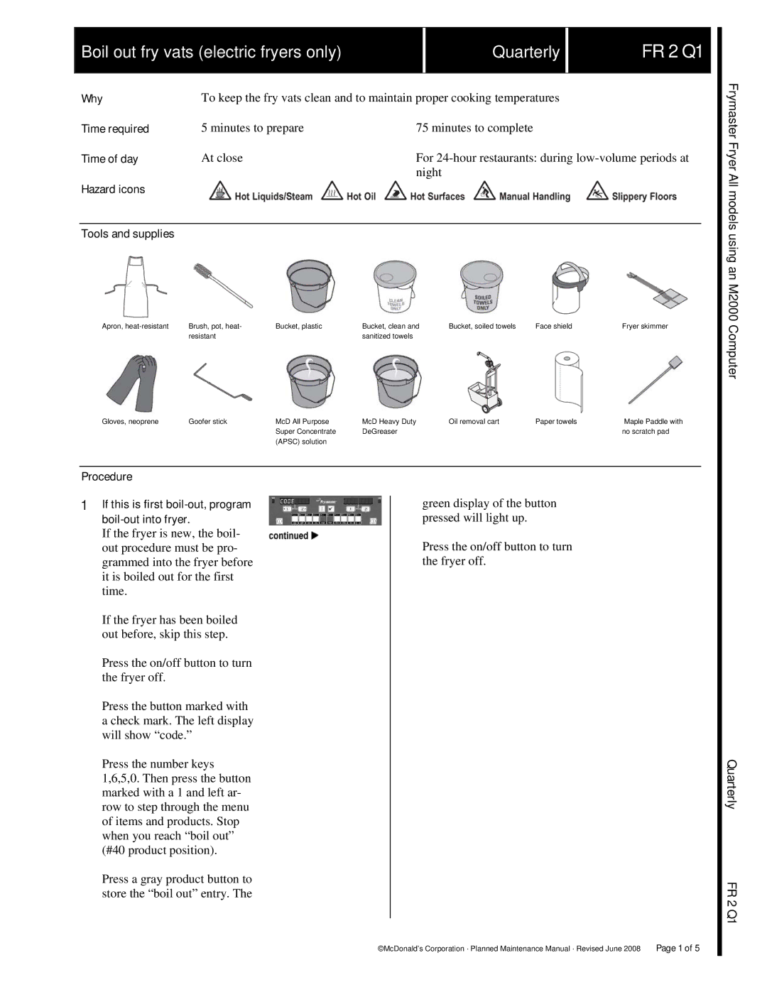 Frymaster FR2 manual FR 2 Q1, Frymaster Fryer All models using an M2000 Computer 