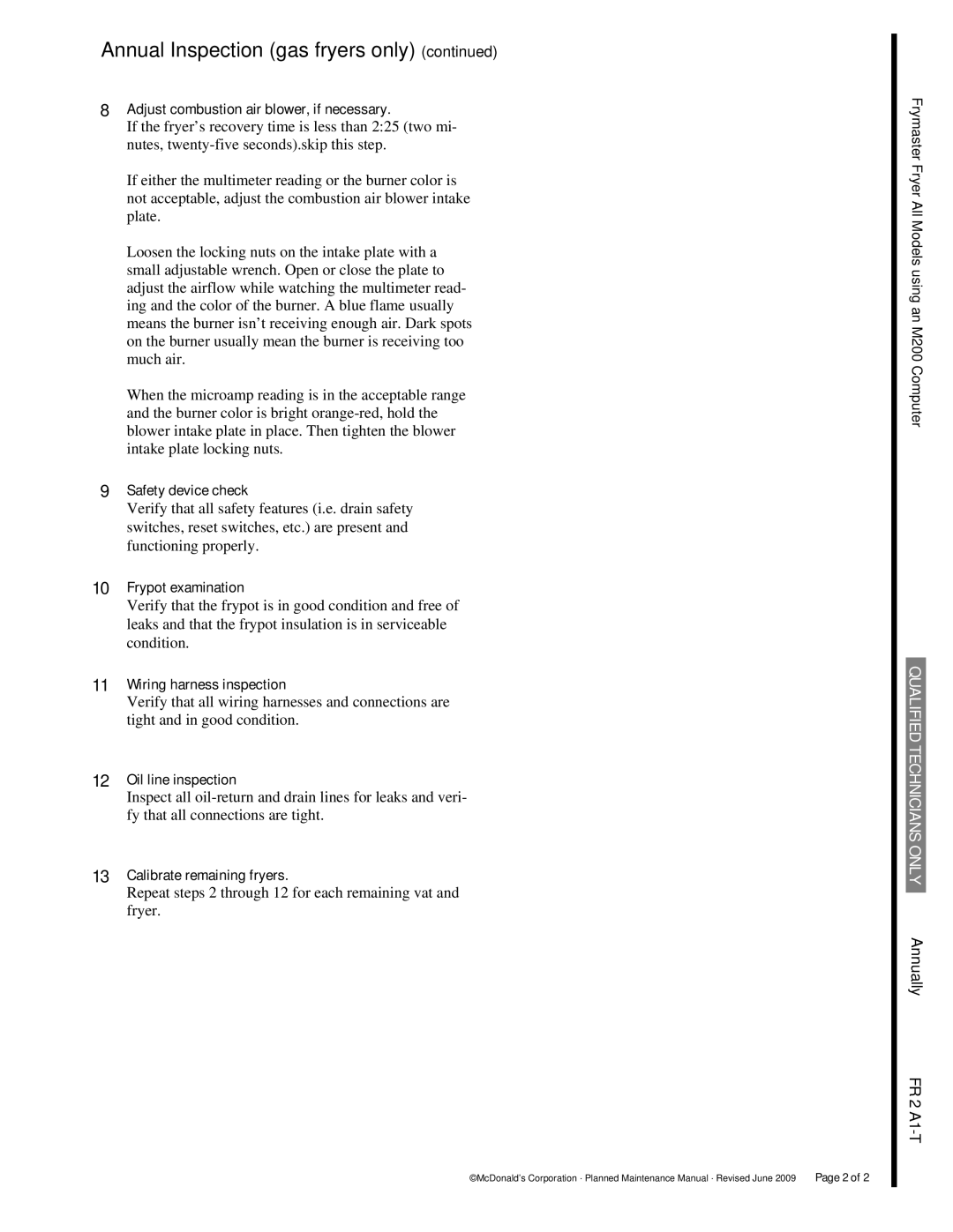 Frymaster FR2 manual Annual Inspection gas fryers only 