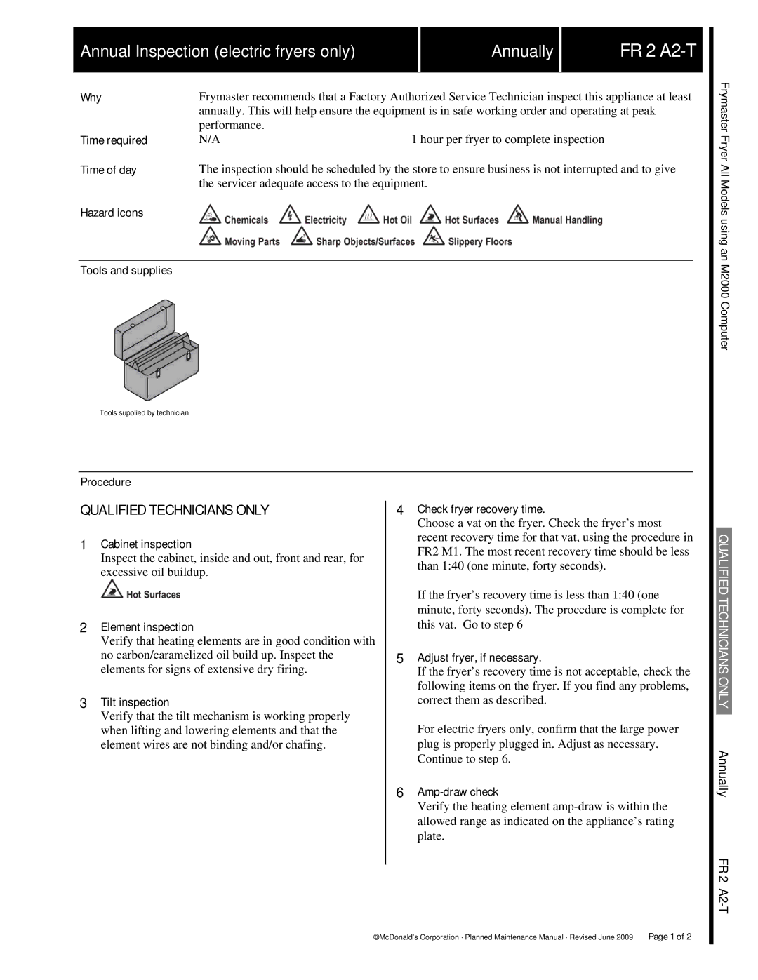 Frymaster FR2 manual FR 2 A2-T, Element inspection, Tilt inspection, Amp-draw check 