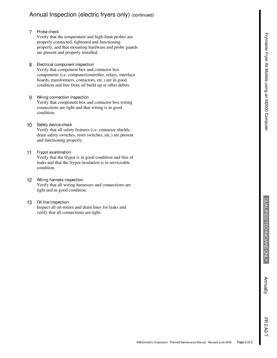 Frymaster FR2 manual Annual Inspection electric fryers only, Probe check, Electrical component inspection 