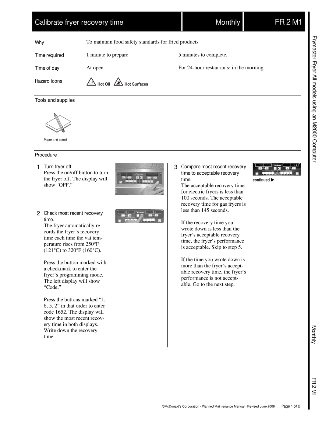 Frymaster FR2 manual Procedure, Turn fryer off, Check most recent recovery time 