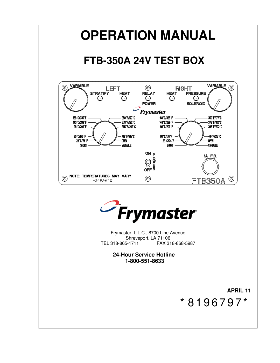 Frymaster FTB-350A operation manual 8196797 