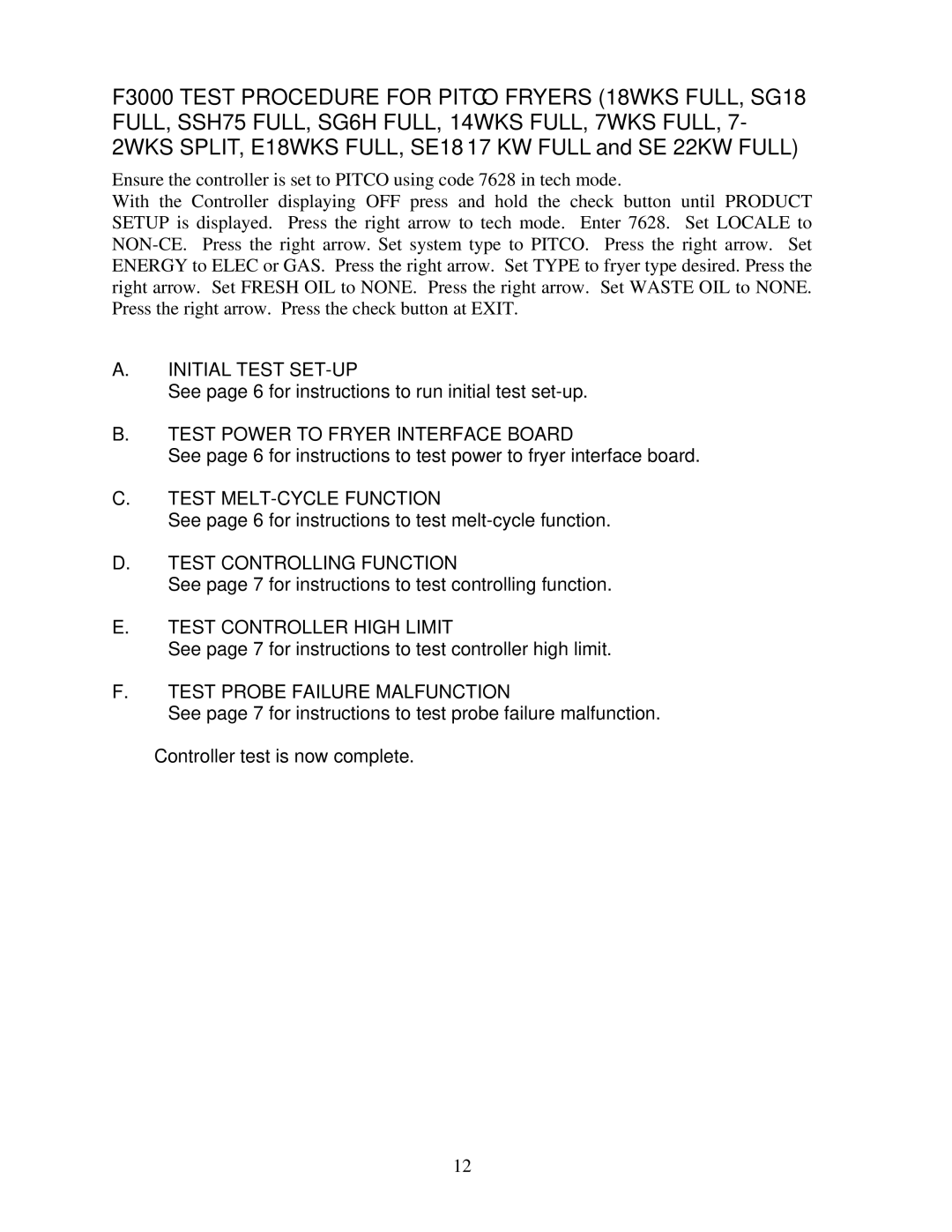 Frymaster FTB-350A operation manual Initial Test SET-UP 