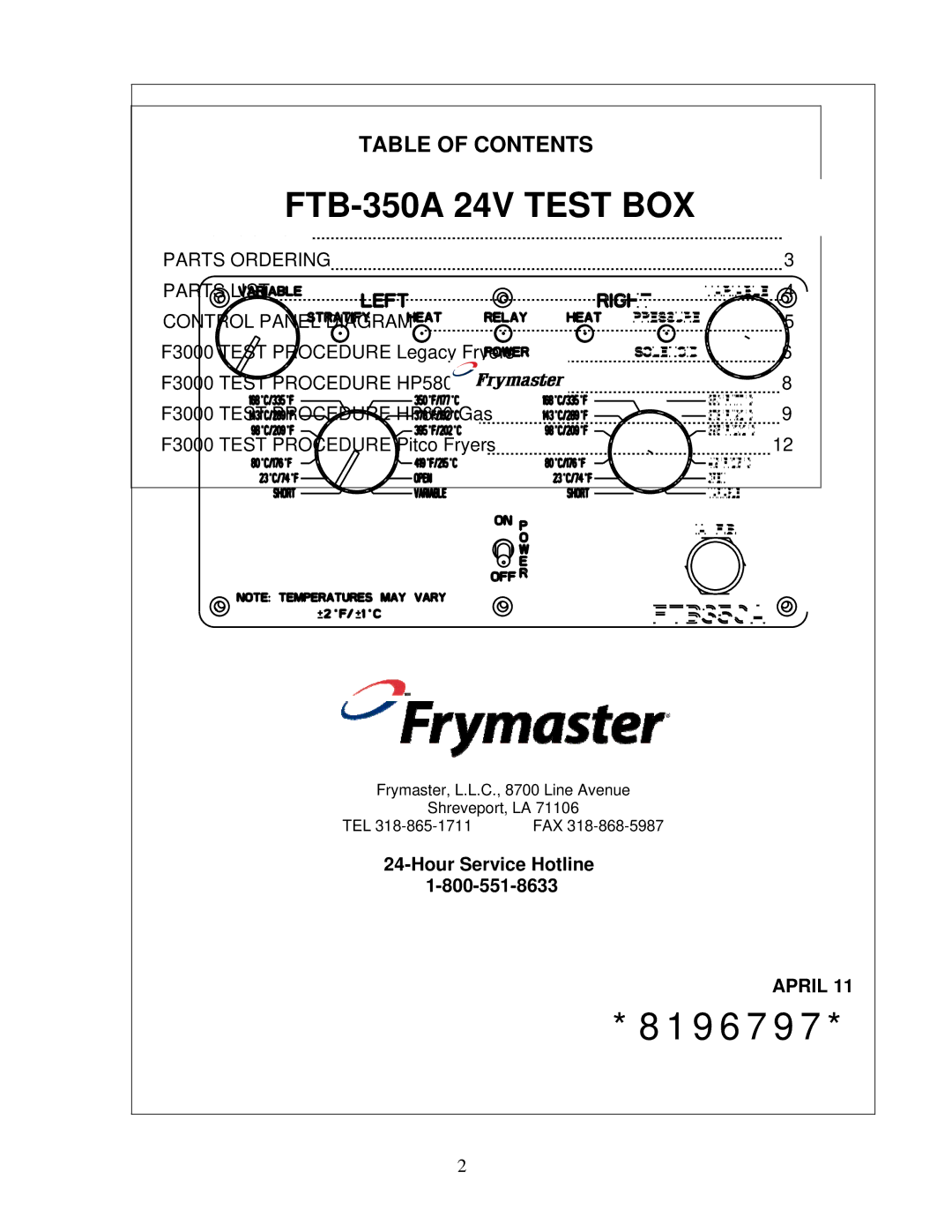 Frymaster FTB-350A operation manual Table of Contents 