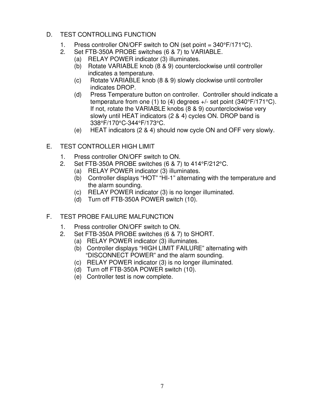 Frymaster FTB-350A operation manual Test Controlling Function, Test Controller High Limit, Test Probe Failure Malfunction 