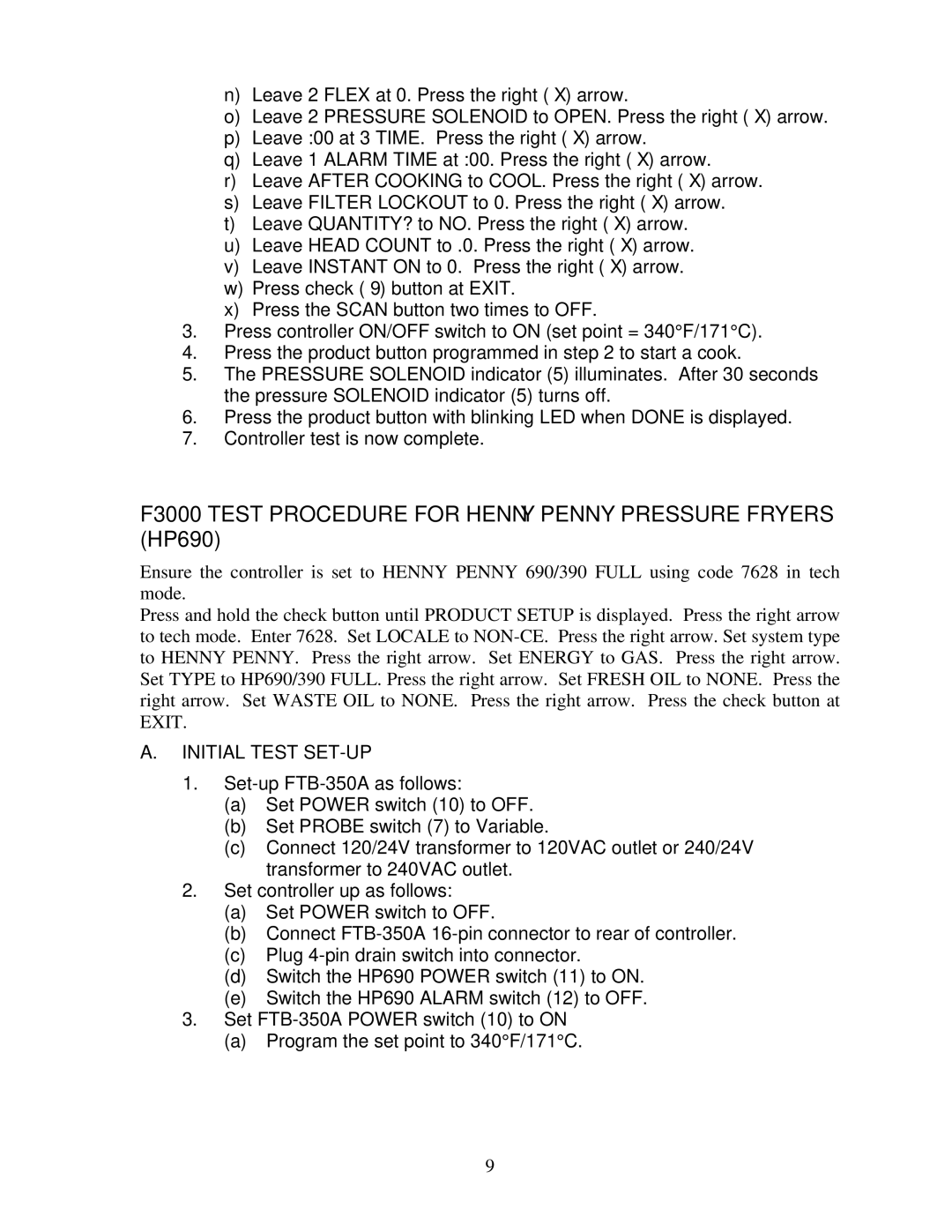 Frymaster FTB-350A operation manual F3000 Test Procedure for Henny Penny Pressure Fryers HP690 