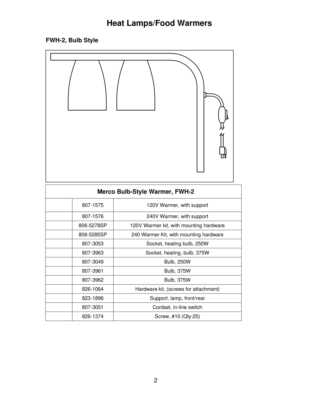 Frymaster FWH-1, ThermoGlo, Hatco manual FWH-2, Bulb Style Merco Bulb-Style Warmer, FWH-2 