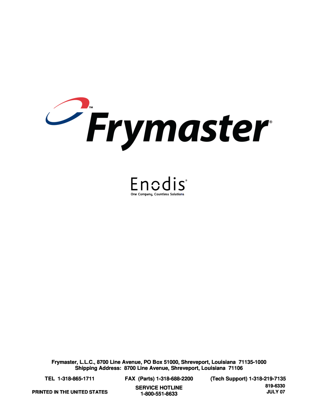 Frymaster FWH-1, ThermoGlo, FWH-2, Hatco manual FAX Parts, Tech Support, Service Hotline, 819-6330, July 