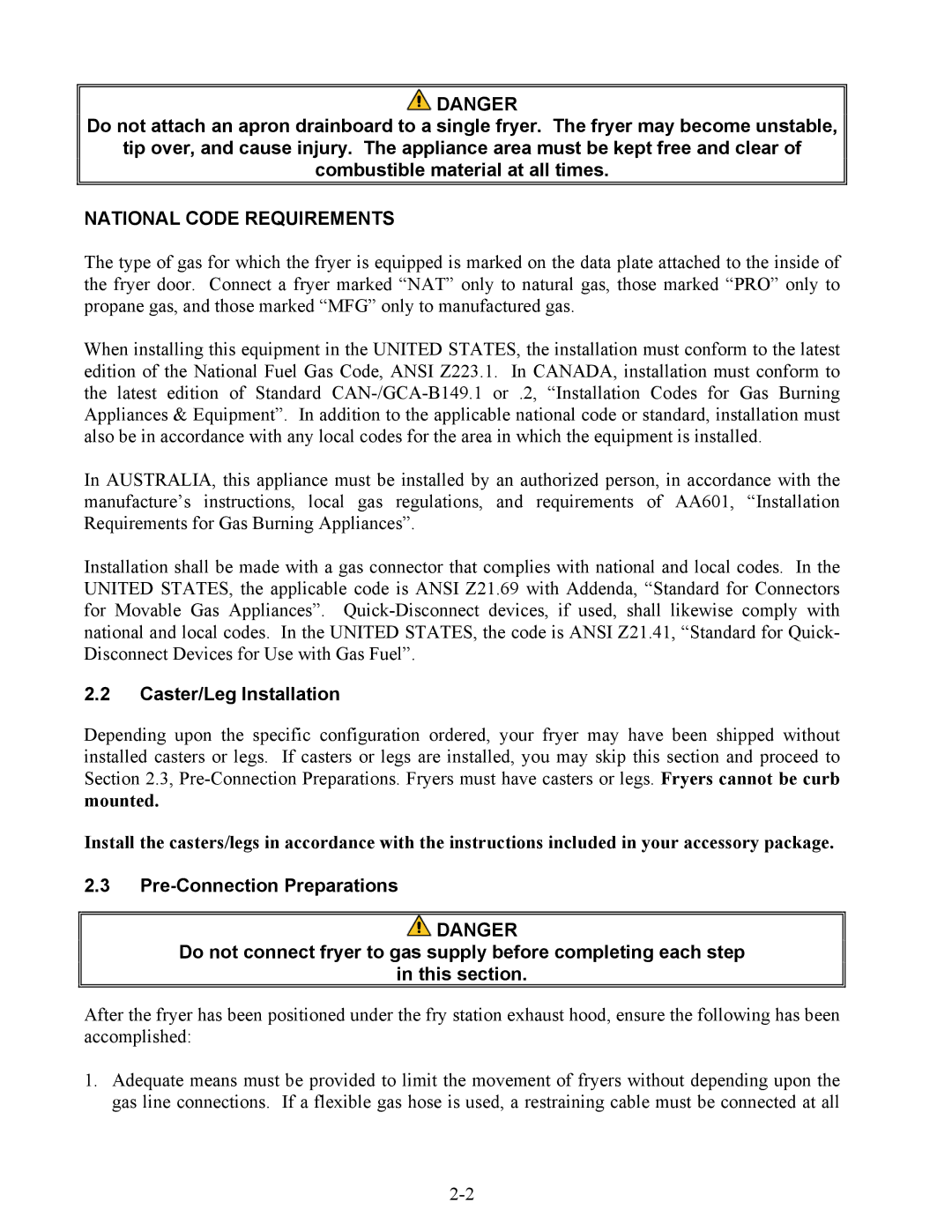 Frymaster GF40, GF14 operation manual National Code Requirements, Caster/Leg Installation 